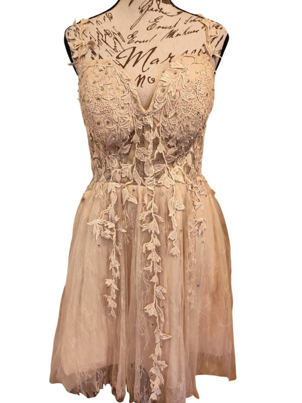 Embroidered Lace Tulle Mini Dress With Floral Appliqué & Rhinestones